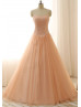 Peach Tulle Beads Sweetheart Neckline Long Prom Dress
